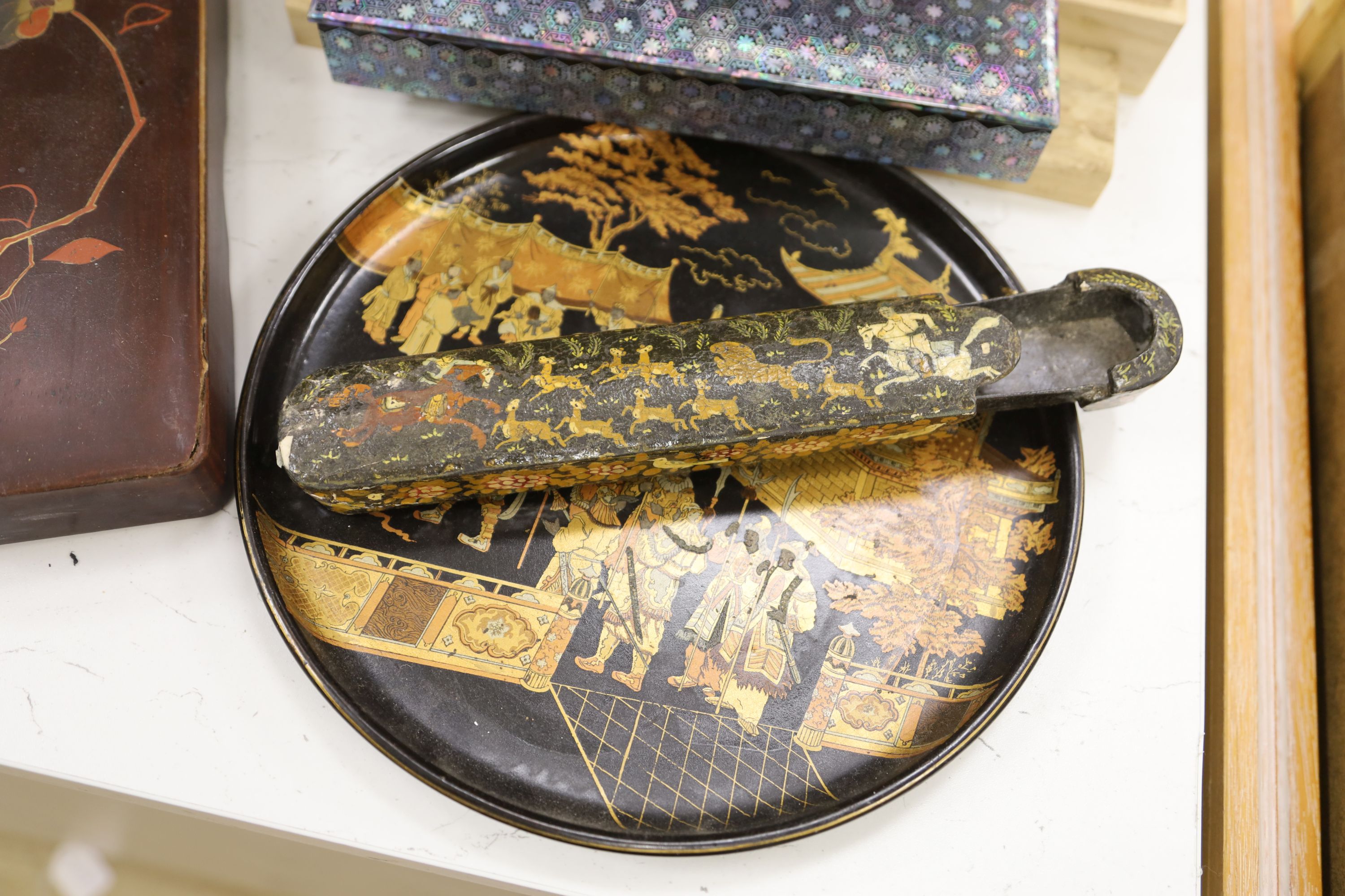A group of Japanese lacquer wares, a portable smoking set and three basket weave ikebana (11)